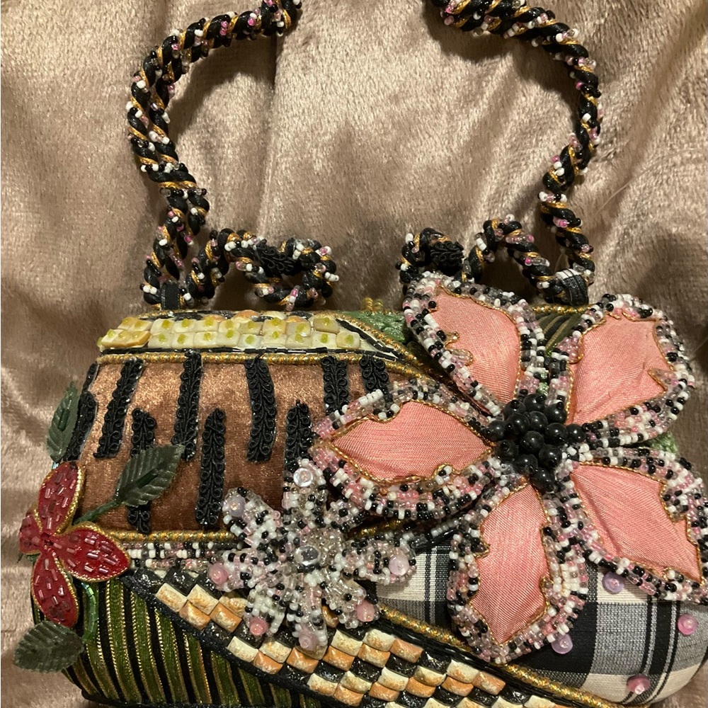 Mary Frances Pink and Red Floral Embellished Clutch